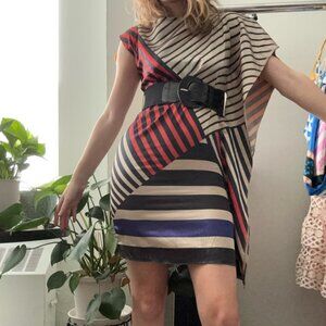 Charlotte Russe Asymmetrical Striped Dress - Red, Black, Beige